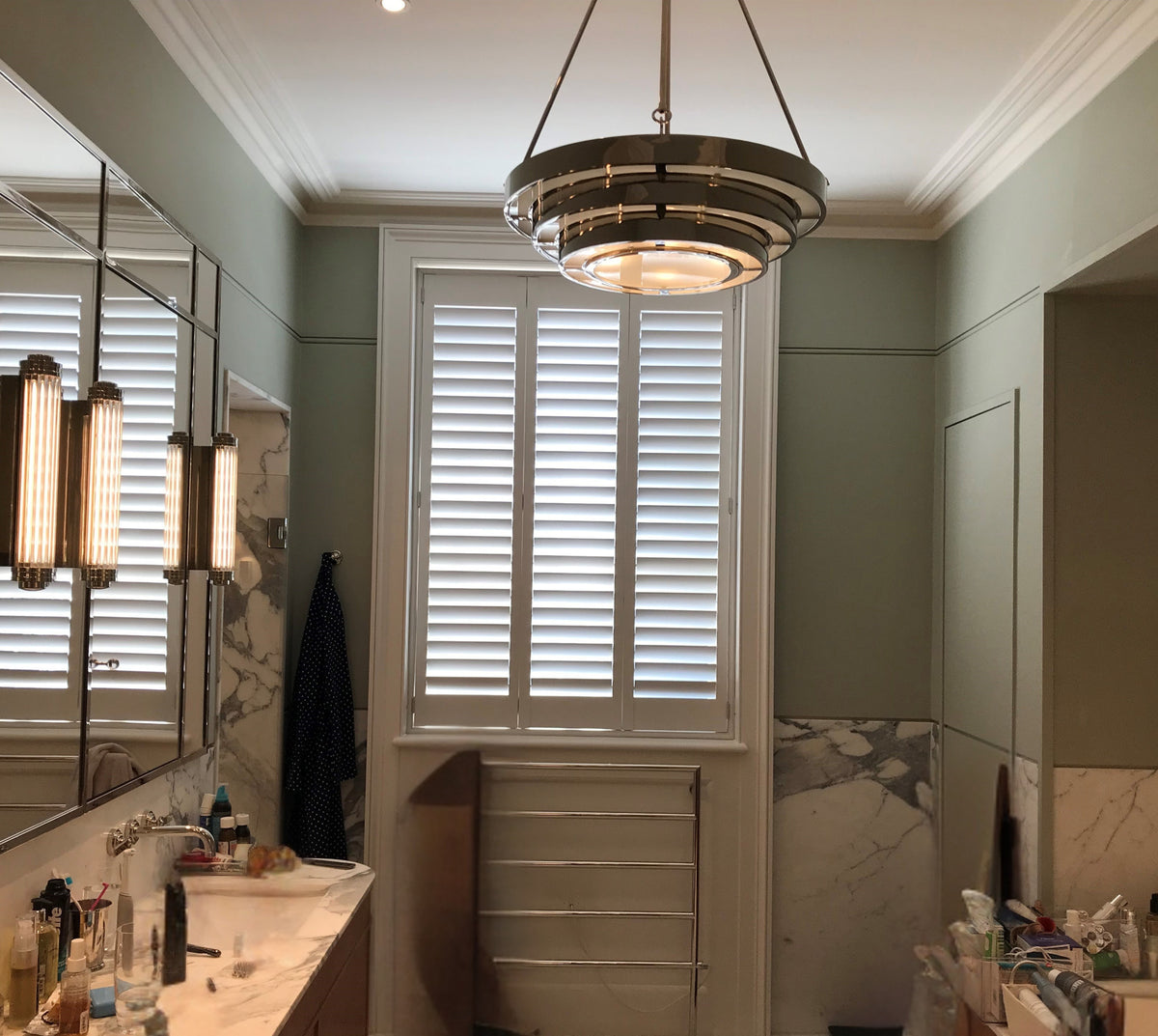 Custom-colour full-height Fiji hardwood bathroom shutters in Gerrards Cross